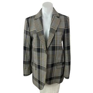 Theory Gray Wool Plaid Check Notched Collar Long Sleeve Blazer Coat Jacket Sz 0